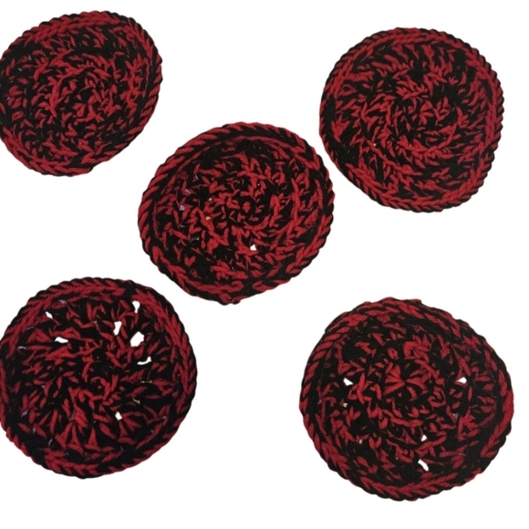 Hand Crafted Hand Knit Crochet Coaster 6pc Set Red & black double stitch floral - Picture 3 of 17